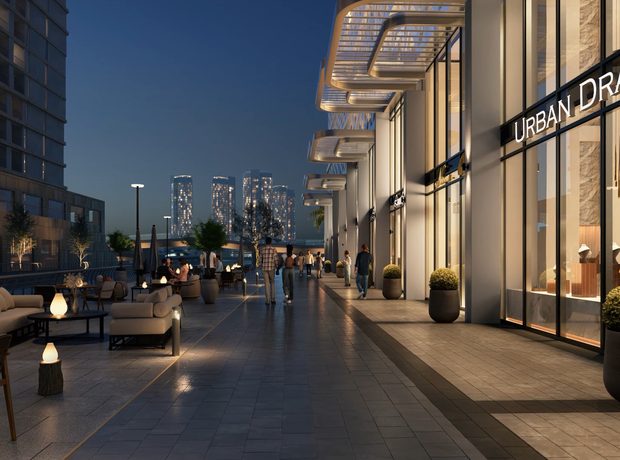 The beach at the base, shops by the canal