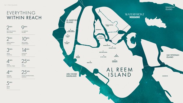 Map of Al Reem Island with schools, hospitals, parks, malls and the drive times from Waterfront by Missoni